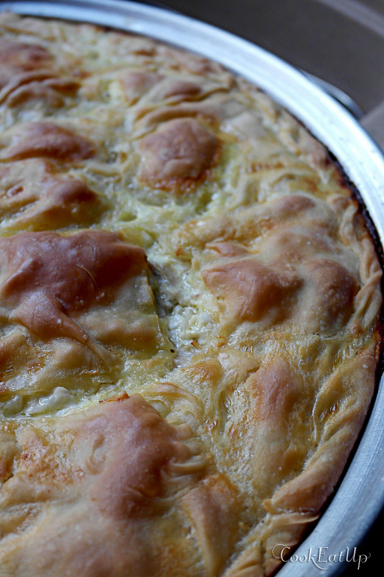 Traditional Epirus chicken pie with trachana and feta cheese