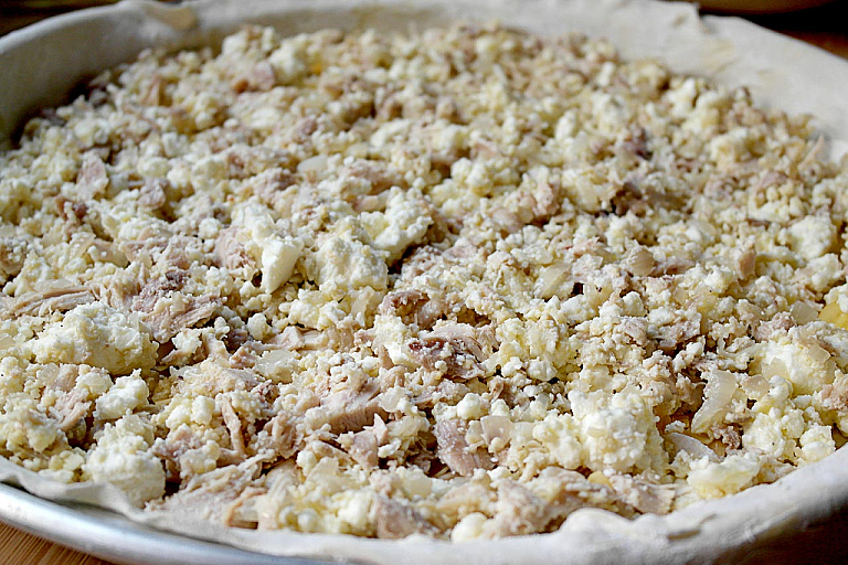Traditional Epirus chicken pie with trachana and feta cheese