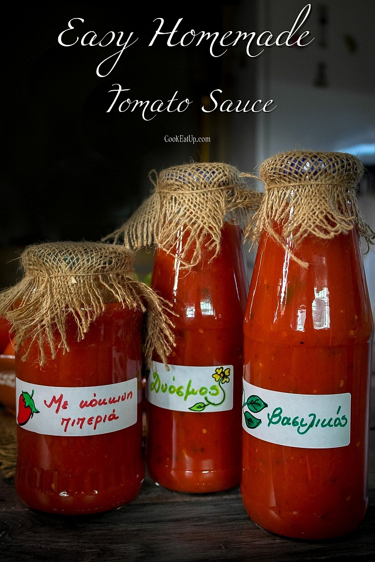 Homemade tomato sauce for winter made with ripe tomatoes and red peppers