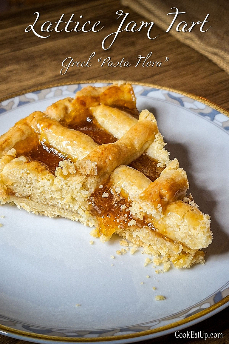 Homemade lattice jam tart filled with peach or apricot jam, a classic Greek Pasta Flora recipe